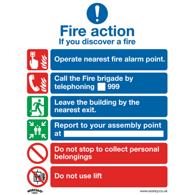 Sealey SS19P1 Worksafe® Fire Action With Lift Safety Sign - Rigid Plastic - SS19P1 - Sealey Tools UK - Trade Counter Direct