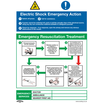 Sealey SS33P1 Safe Conditions Safety Sign - Electric Shock Emergency Action - Rigid Plastic - SS33P1 - Sealey Tools UK - Trade Counter Direct