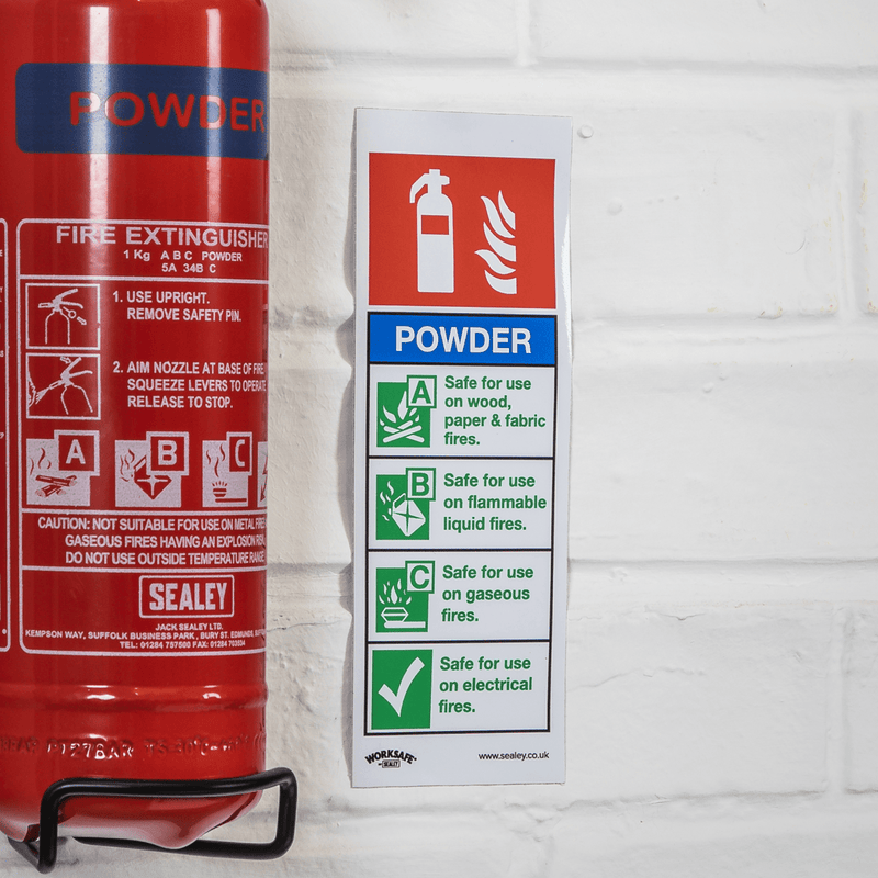 Sealey SS52V10 Worksafe® Powder Fire Extinguisher Safety Sign, Self-Adhesive Vinyl - Pack of 10 - SS52V10 - Sealey Tools UK - Trade Counter Direct
