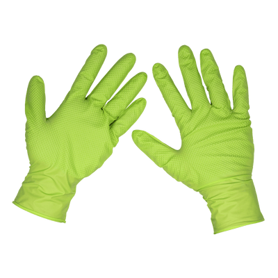 Sealey SSP54XL Diamond Grip Extra-Thick Nitrile Powder-Free Gloves, Hi-Vis Green, X-Large - Pack of 50 - SSP54XL - Sealey Tools UK - Trade Counter Direct