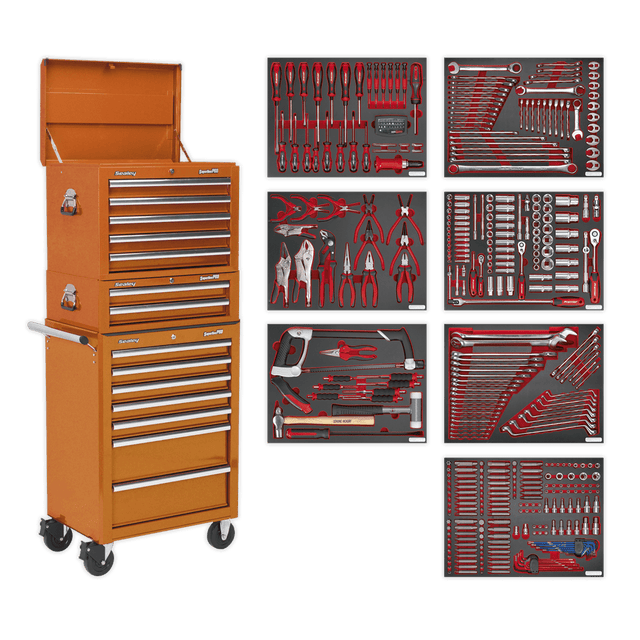 Sealey TBTPCOMBO4 Tool Chest Combination 14 Drawer with Ball Bearing Slides - Orange & 446pc Tool Kit - TBTPCOMBO4 - Sealey Tools UK - Trade Counter Direct