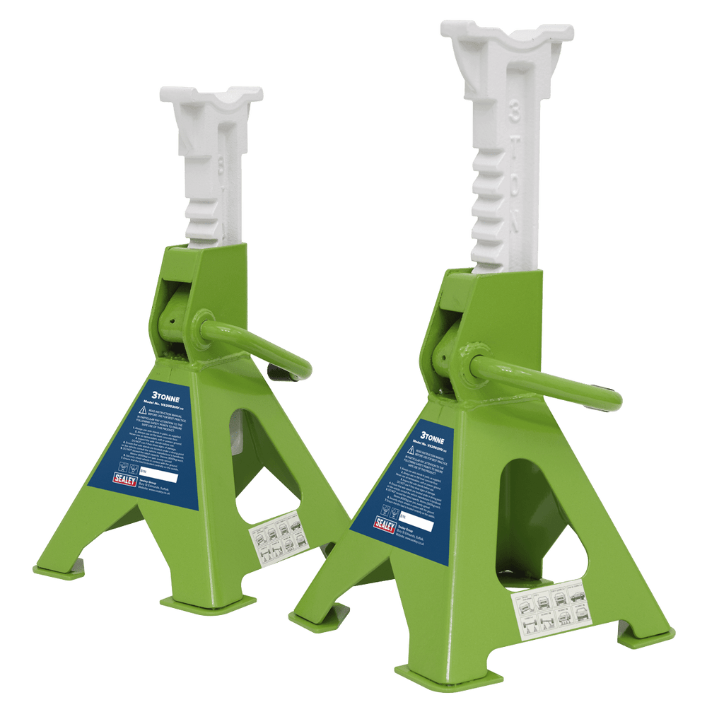 Sealey VS2003HV Axle Stands (Pair) 3tonne Capacity per Stand Ratchet Type - Hi - Vis Green - VS2003HV - Sealey Tools UK - Trade Counter Direct