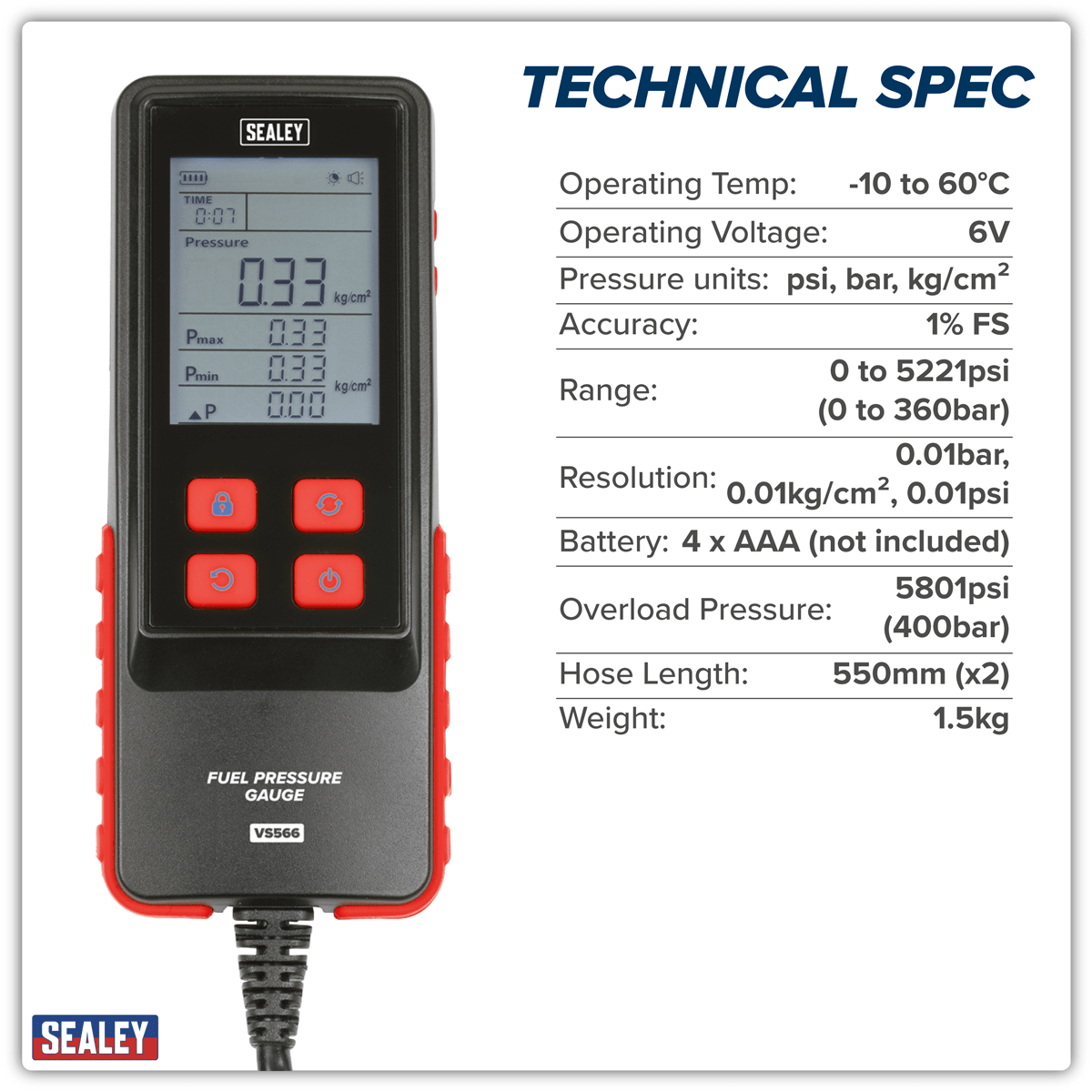 Sealey VS566 Digital Fuel Injection Pressure Test Kit for GDI Fuel Circuits 6pc - VS566 - Sealey Tools UK - Trade Counter Direct