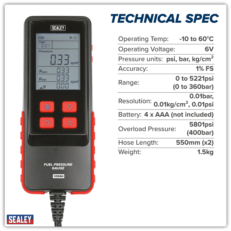 Sealey VS566 Digital Fuel Injection Pressure Test Kit for GDI Fuel Circuits 6pc - VS566 - Sealey Tools UK - Trade Counter Direct