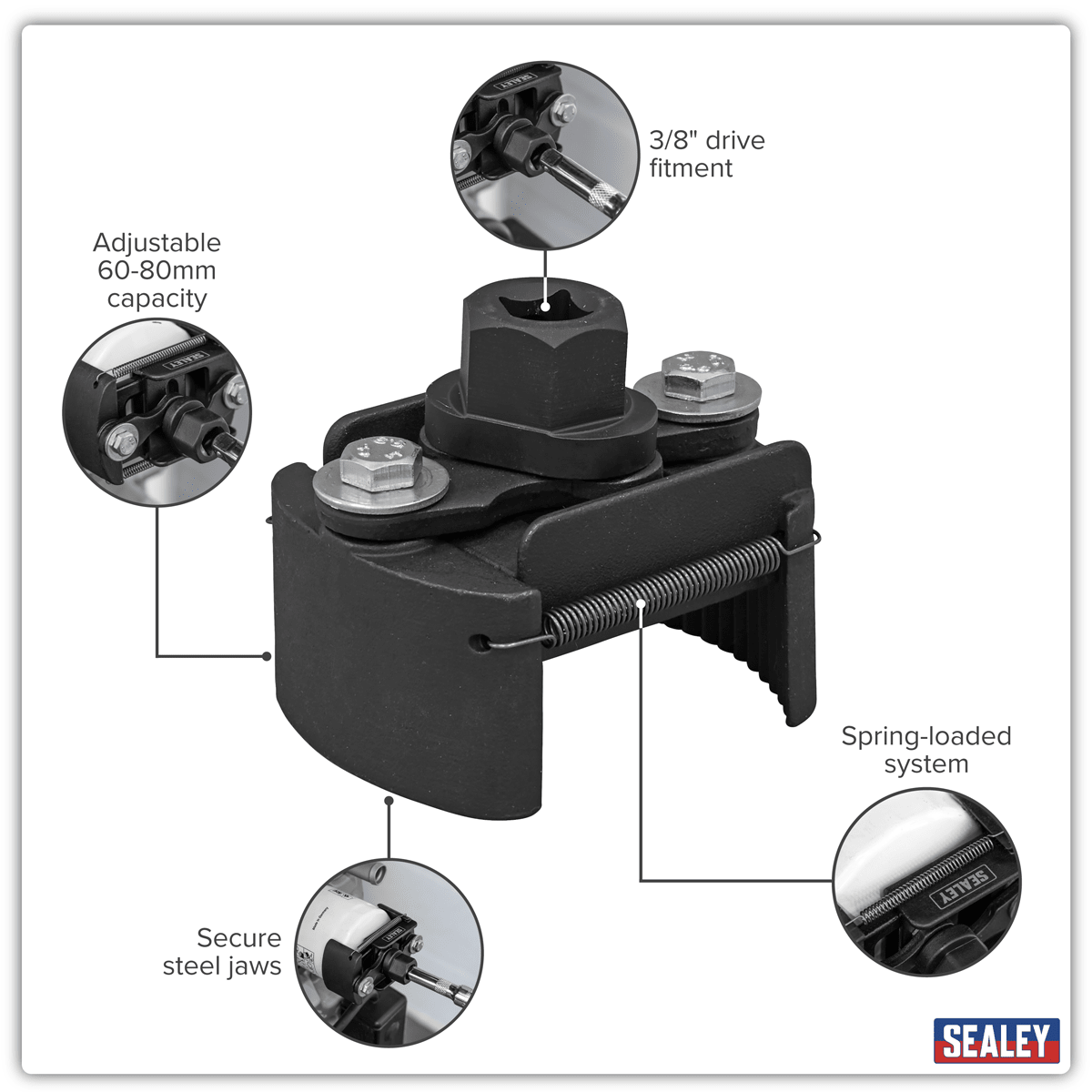 Sealey VS6080 Adjustable Oil Filter Wrench 3/8"Sq Drive 60-80mm Capacity - VS6080 - Sealey Tools UK - Trade Counter Direct