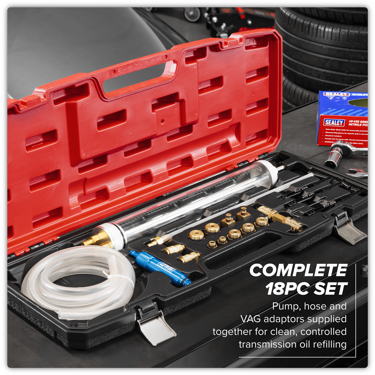 Sealey VS7095 Transmission Oil Refilling Pump & Adaptor Kit for VAG 18pc - VS7095 - Sealey Tools UK - Trade Counter Direct