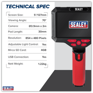 Sealey VS8117 Video Borescope 3.9mm Camera & 5" Screen - VS8117 - Sealey Tools UK - Trade Counter Direct