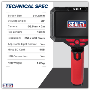 Sealey VS8118 Video Borescope 5.5mm Camera Dual Lens & 5" Screen - VS8118 - Sealey Tools UK - Trade Counter Direct