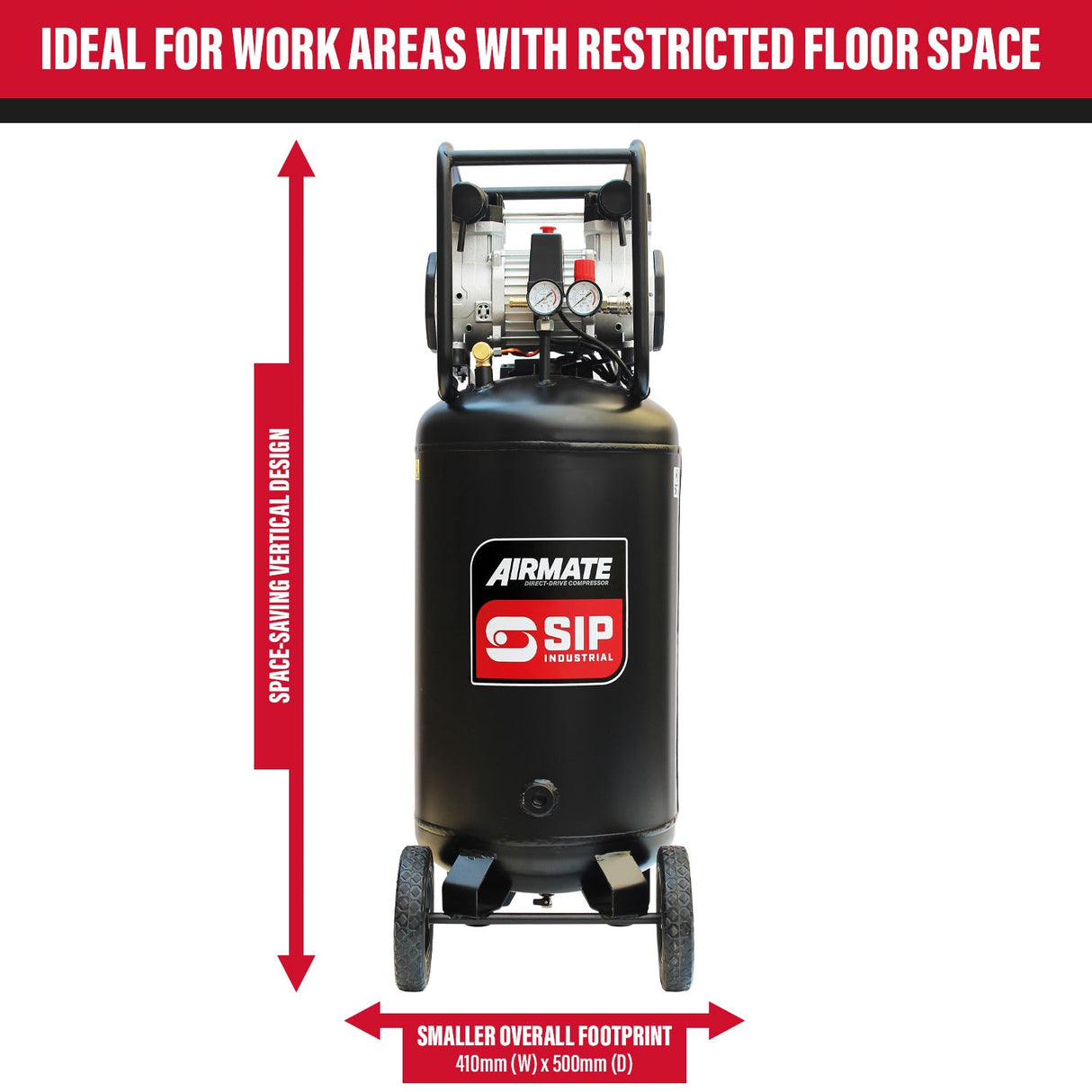 SIP DD 3hp 100ltr Low Noise Oil-Free Vertical Direct Drive Compressor - SIP-05484 - SIP Tools UK - Trade Counter Direct