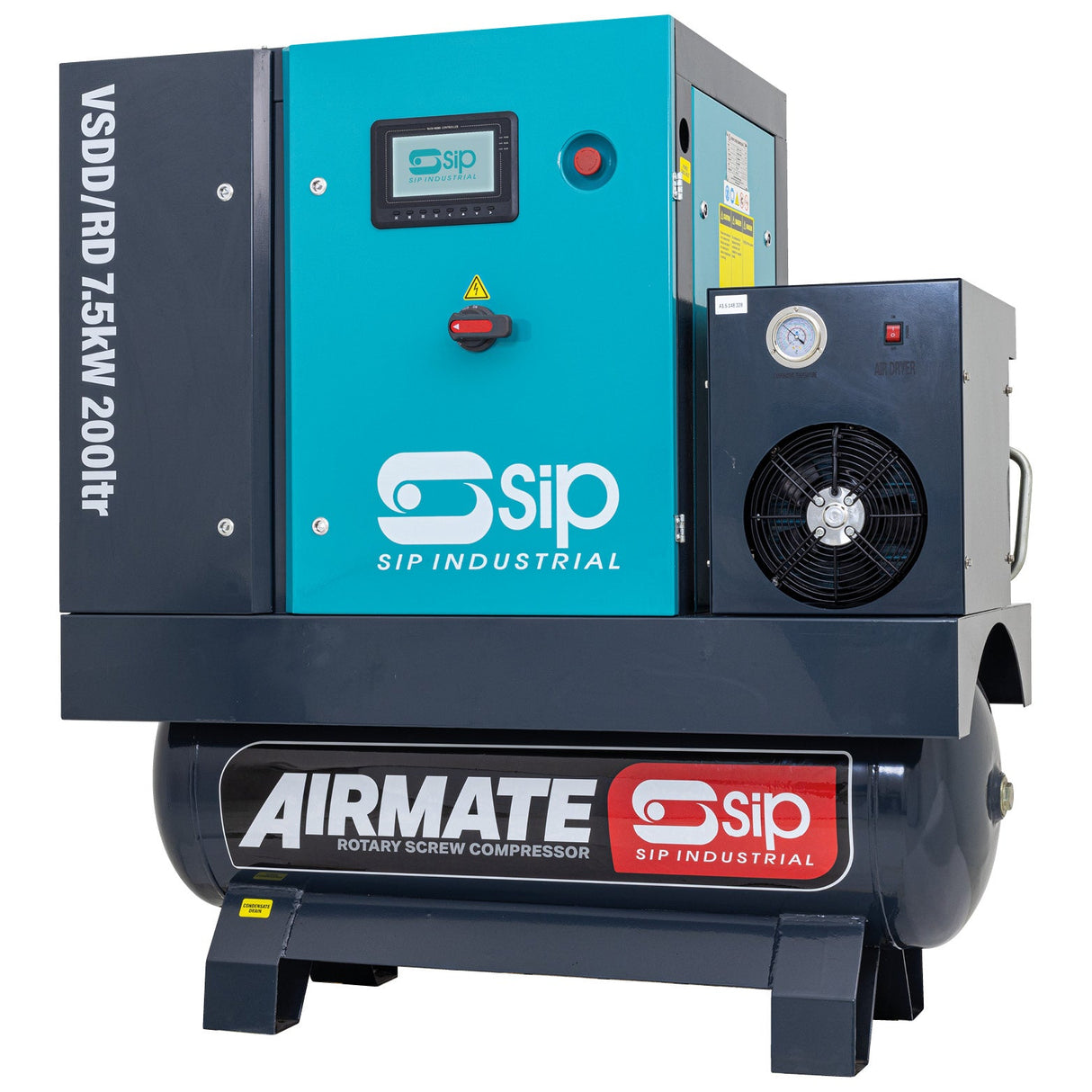SIP VSDD/RD 7.5kW 8bar 200ltr 400v Rotaty Screw Compressor with Dryer - SIP-08264 - SIP Tools UK - Trade Counter Direct