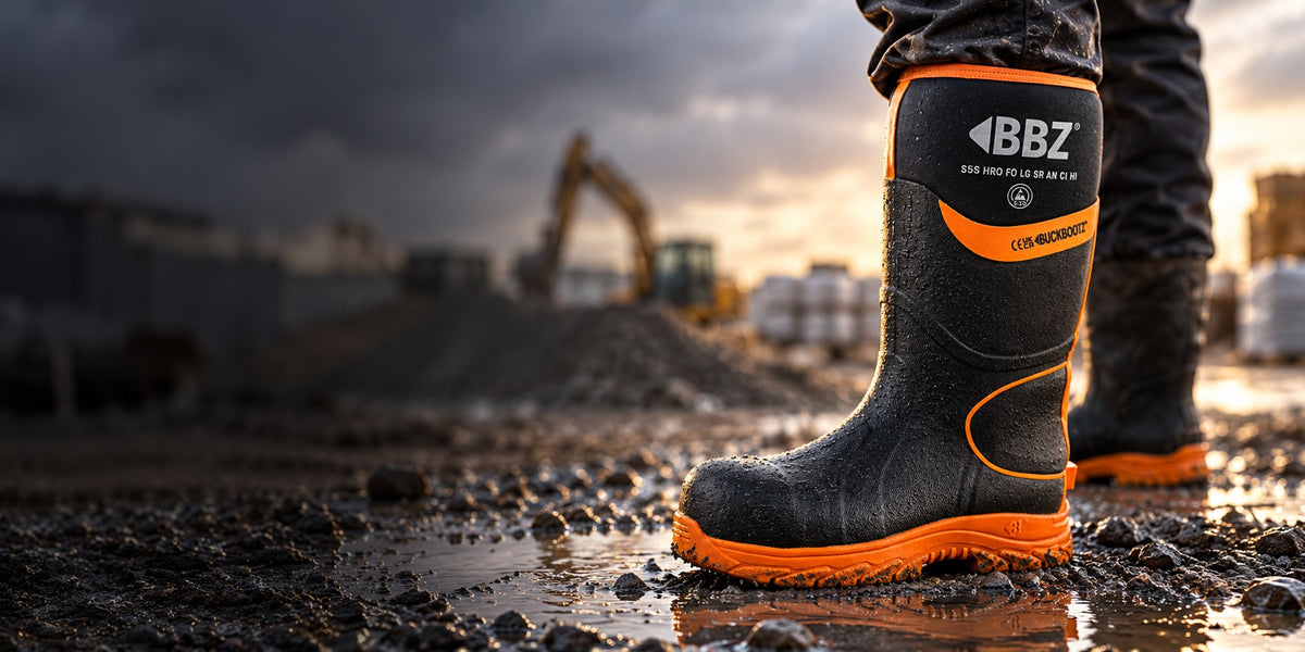 Buckbootz BBZ8000 safety wellingtons on wet ground at a worksite