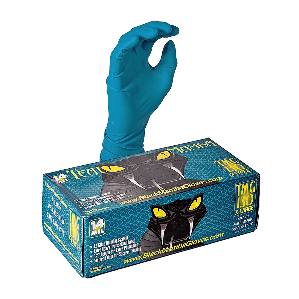 Teal Mamba Industrial Strength Latex Gloves - 14mil Thickness - Touch Screen Compatible - Box of 50 - BX-TMG-S - Black Mamba Gloves - Trade Counter Direct