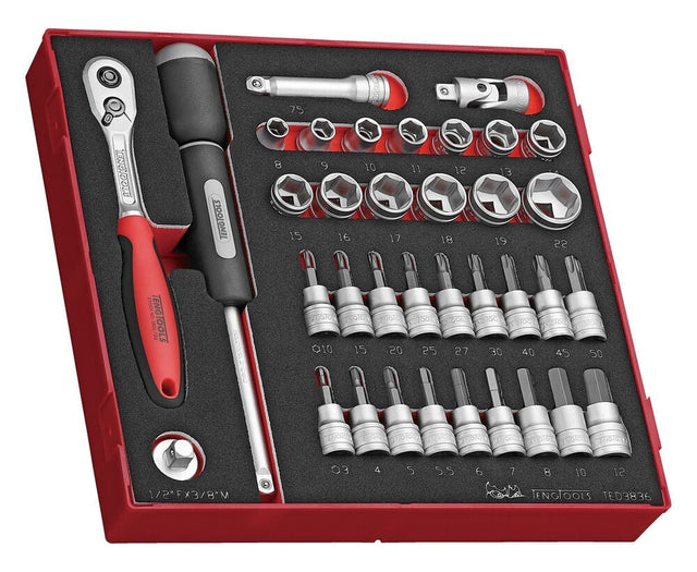 Teng 3/8" Socket Set 6 pt FOAM2 36 Pieces - TED3836 - TENGTED3836 - Teng Tools - Trade Counter Direct