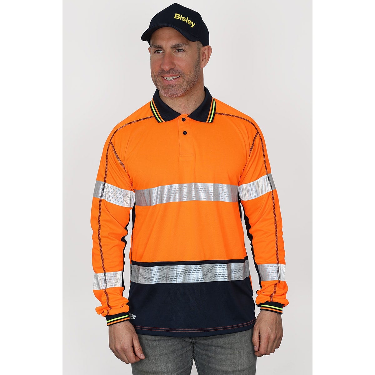 Bisley Workwear Hi-Vis Mesh Long Sleeve Polo Shirt - Orange/Navy