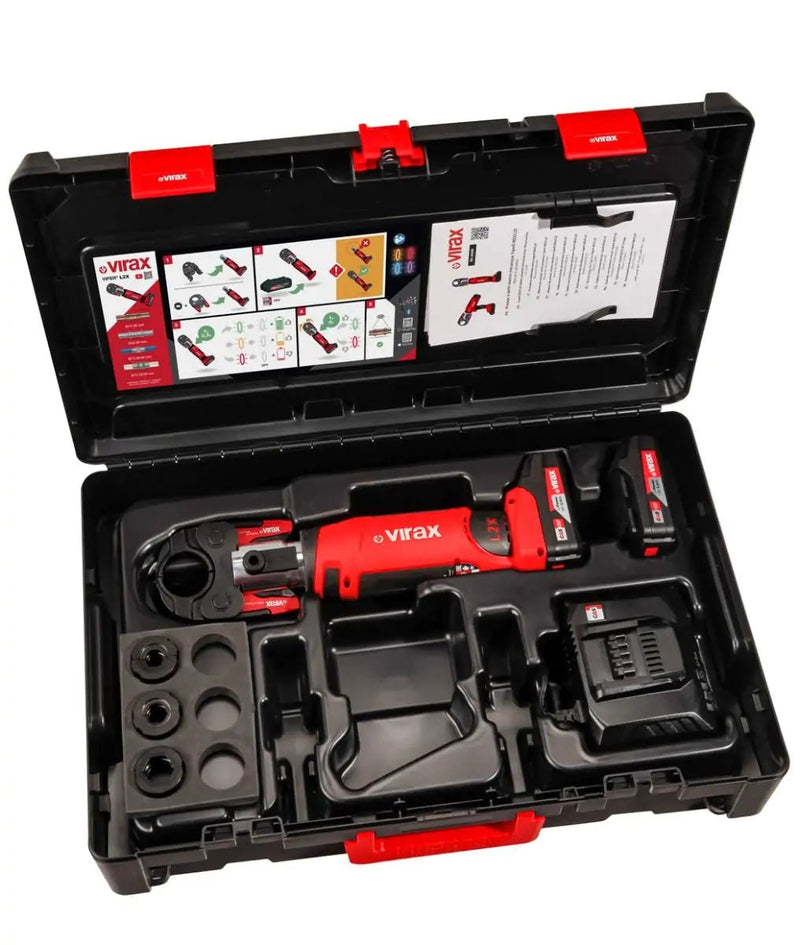 Virax L2X 20kN Cordless Inline Press Machine with Mother Jaw, M15 - 22 - 28 Inserts & 2 Batteries UK - VIR990968 - Virax - Trade Counter Direct